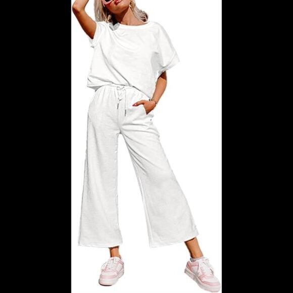 Womens 2 Piece Lounge Sets Short Sleeve Loose Fit Top and Wide Leg Pants Set - Picture 7 of 7